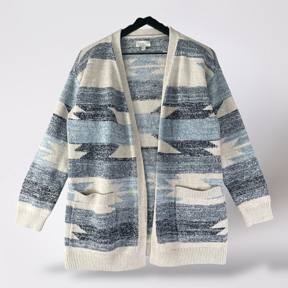 Lucky Brand Womens Small Southwestern Cardigan Blue Cream Boho Knit Pockets